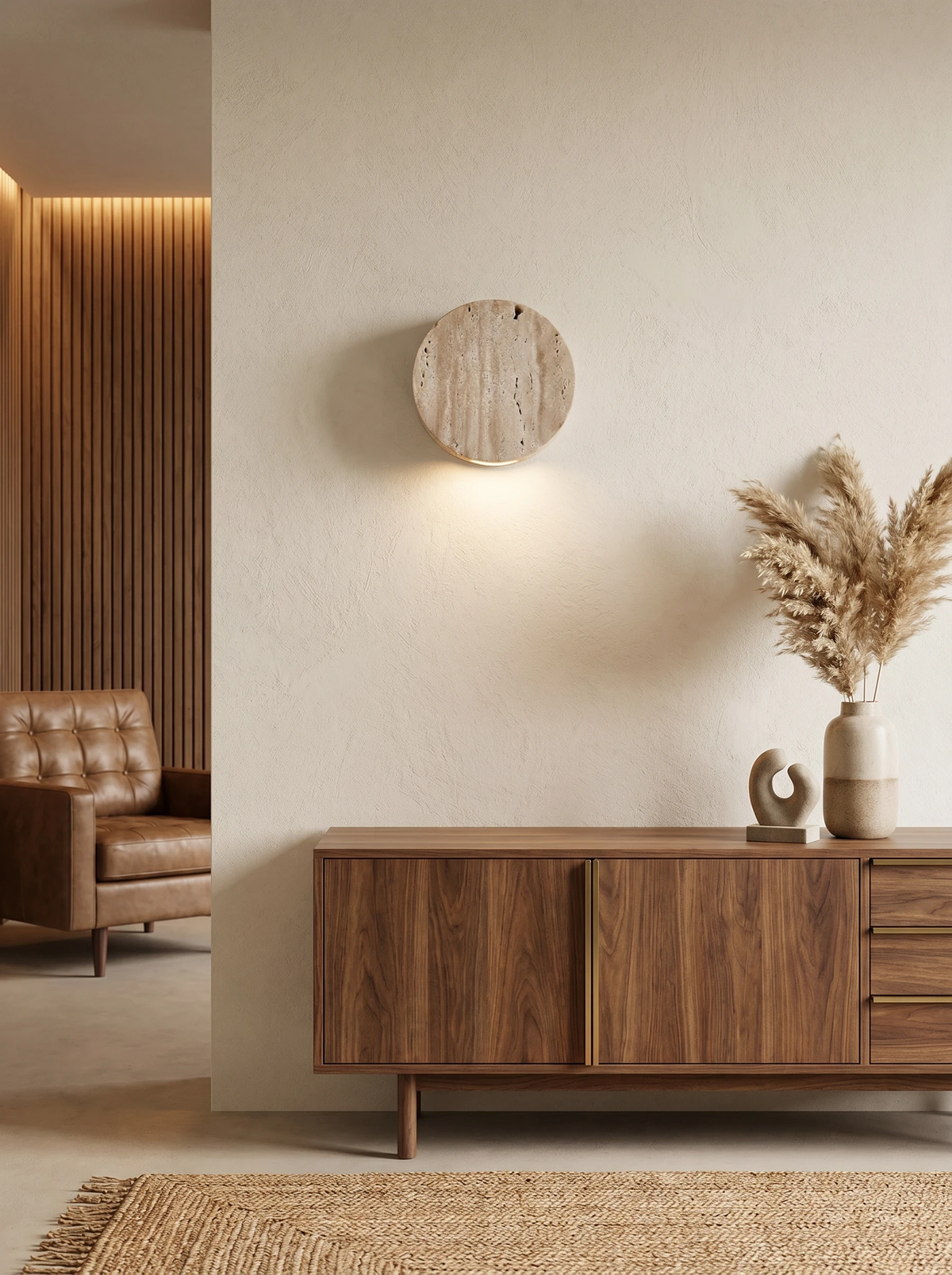 Travertine wall sconce VERONA No.01, round yellow travertine disc lit above a walnut sideboard with pampas grass