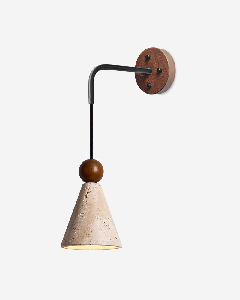 Travertine wall sconce CORTO No.01 in Cream Travertine, stone cone under a walnut sphere on a slender arm and plate