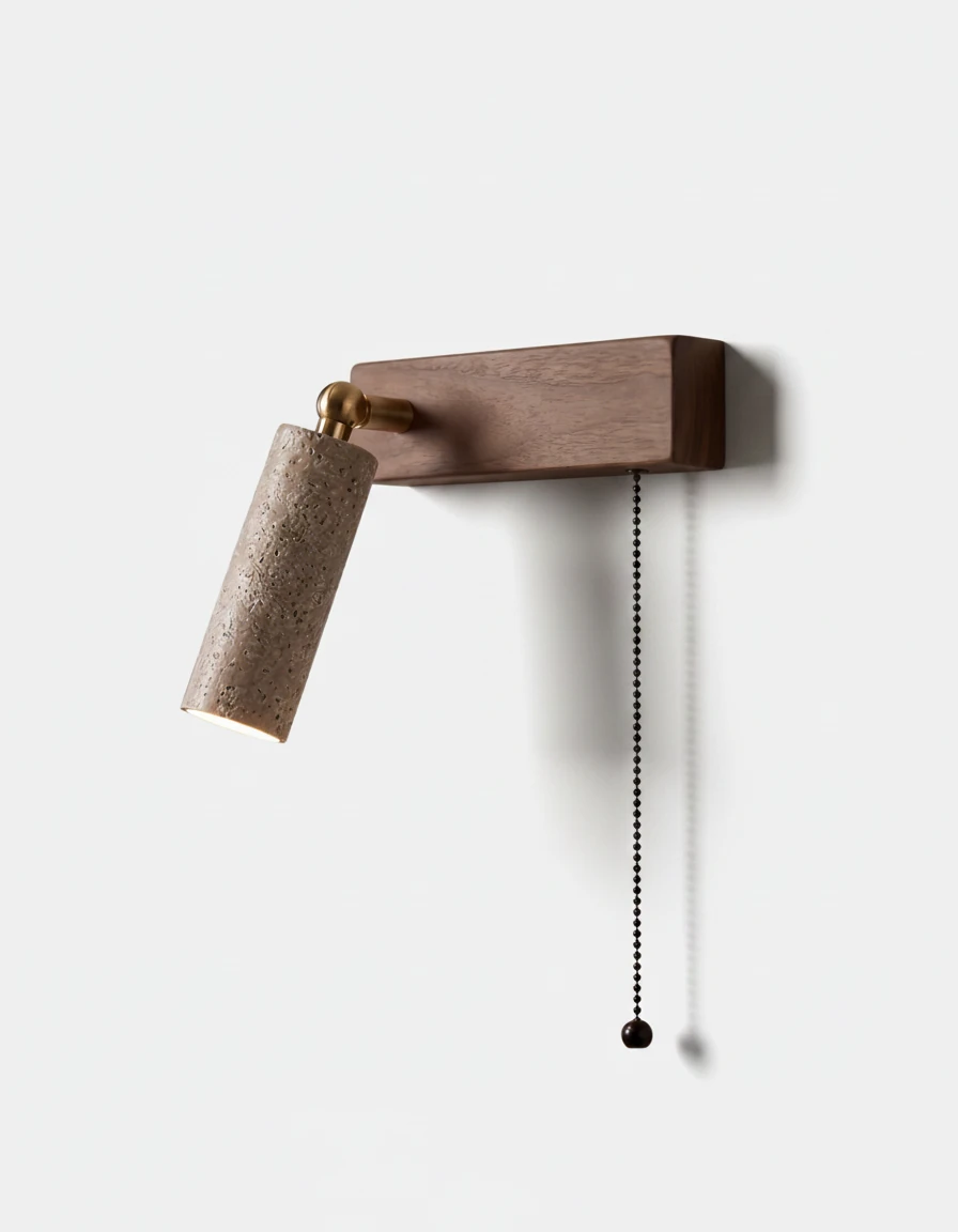 Travertine wall sconce VITRU No.01, left-hand cream travertine head on a walnut block with a pull chain, unlit