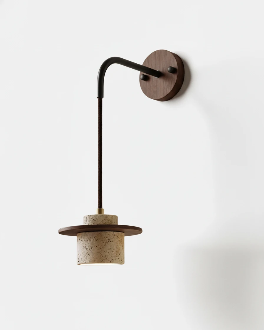 Travertine wall sconce TIVOLI No.01 in Dark Walnut, black arm, walnut backplate and disc, travertine shade unlit
