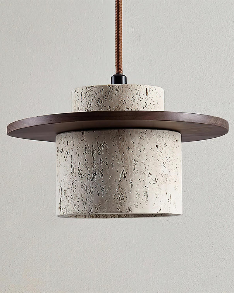 Travertine wall sconce TIVOLI No.01 shade in dark walnut on a braided cord, unlit travertine cylinder on a plain background