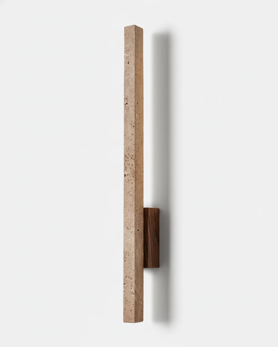 Travertine wall sconce VITRU No.02 Standard, vertical travertine bar on a dark walnut bracket, unlit