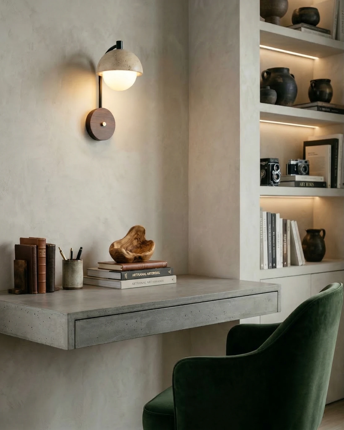 Travertine wall sconce AVORIO No.03 lit on a plaster wall above a built-in stone desk with a green velvet chair