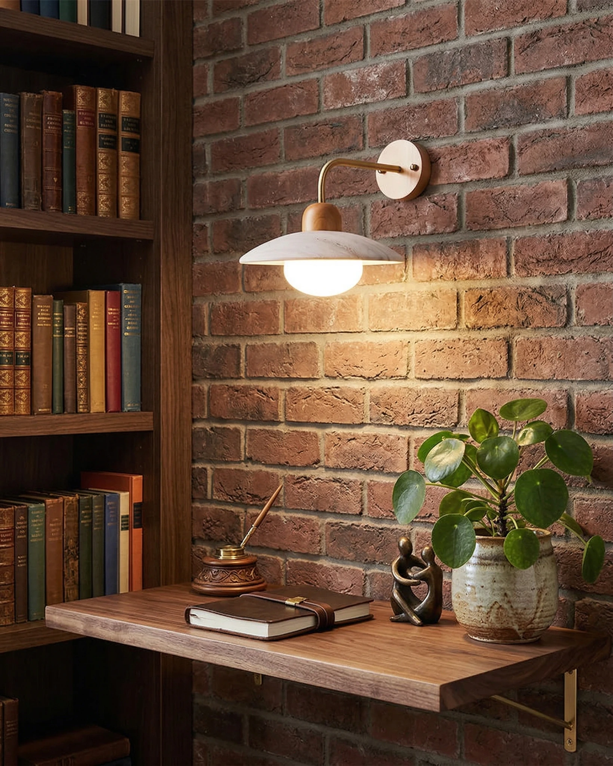 Travertine wall sconce IVERA No.01 lit on a brick wall above a wooden desk beside a bookshelf and plant