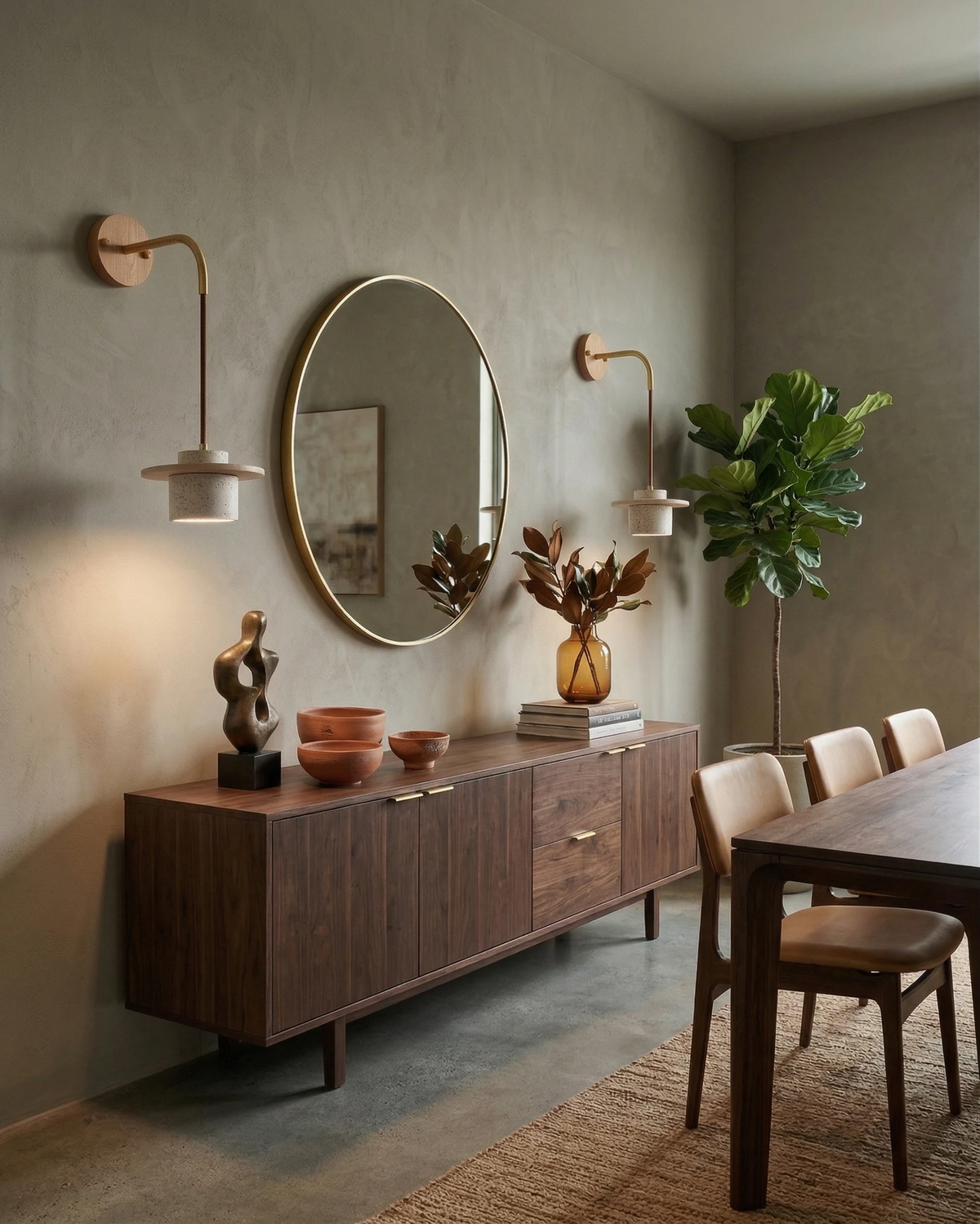 Travertine wall sconce TIVOLI No.01, two lit brass arm units flanking a round mirror over a walnut sideboard in a dining room