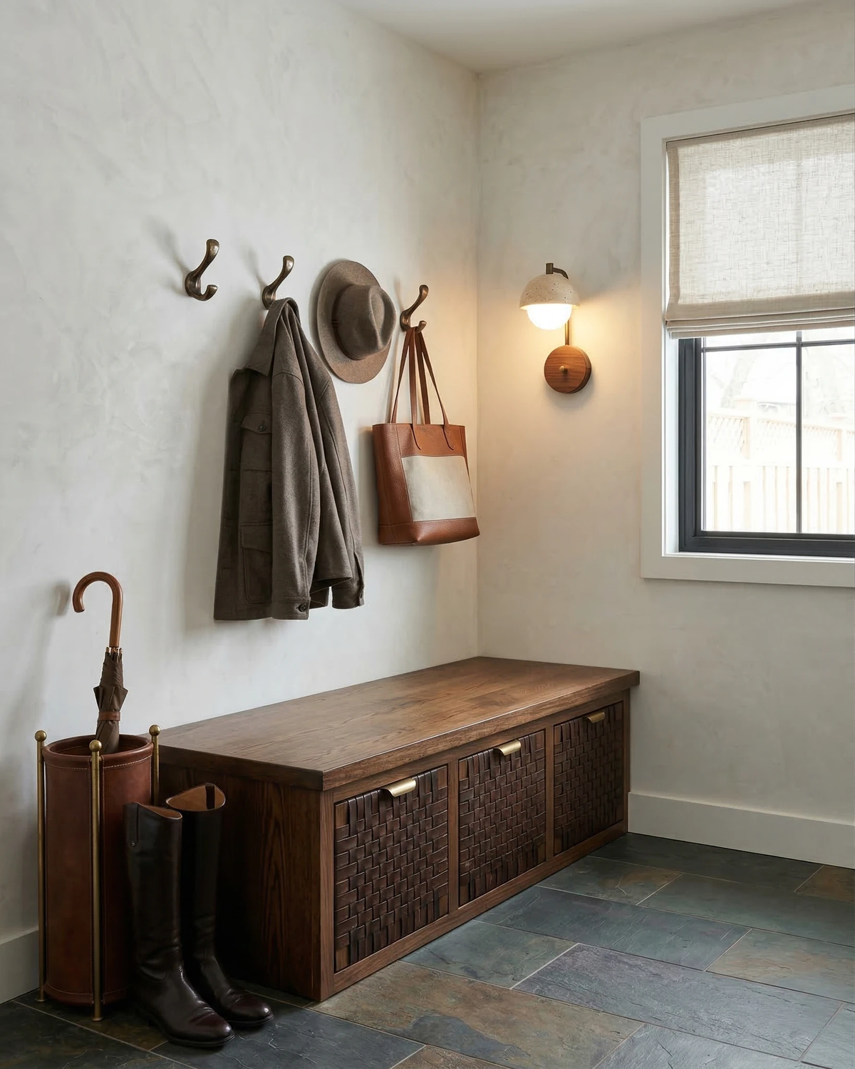 Travertine wall sconce AVORIO No.03 lit beside a window in a mudroom with a wooden bench, coat hooks and boots