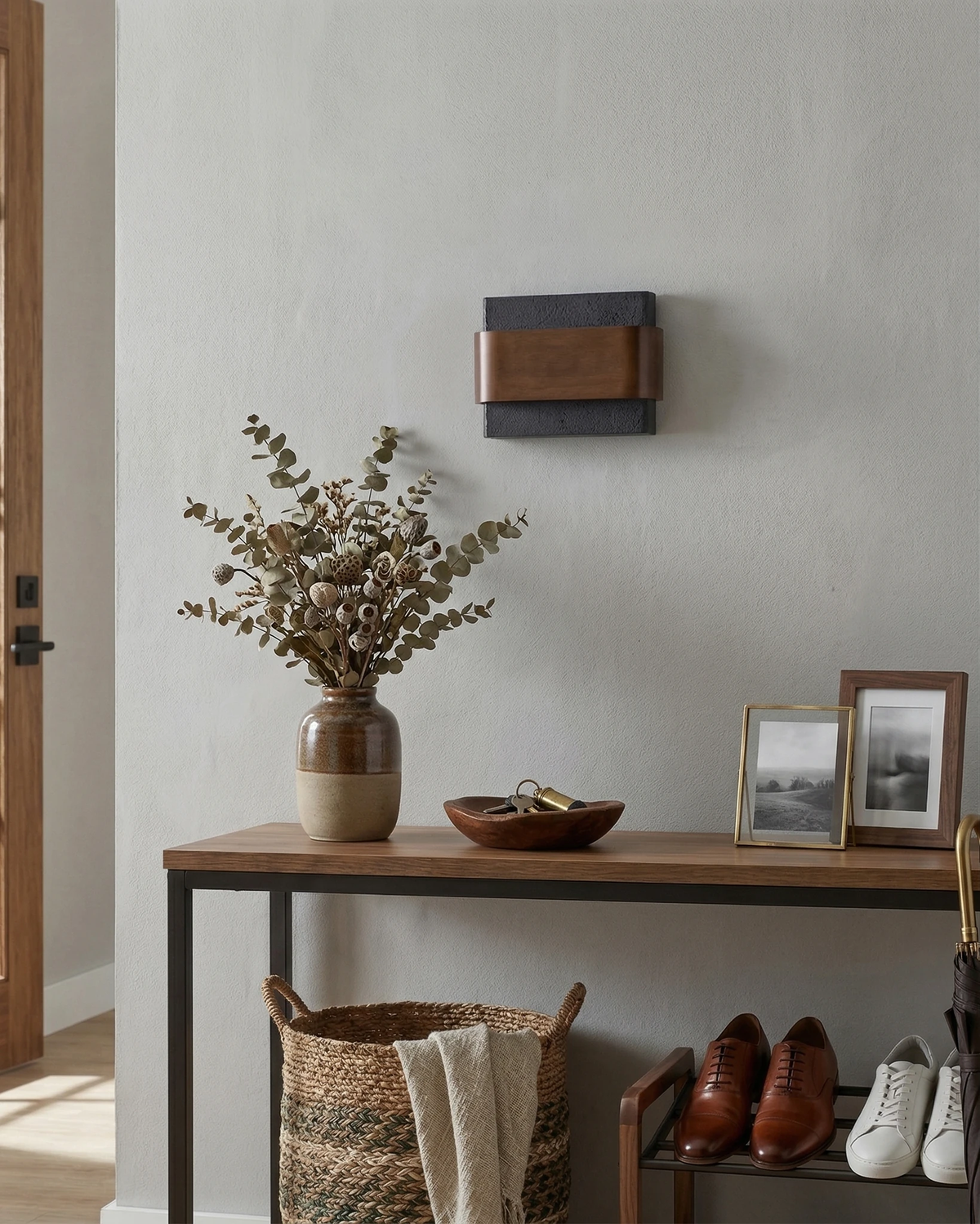 Travertine wall sconce MASSO No.01 lit on an entryway wall above a console table with framed photos and shoes below