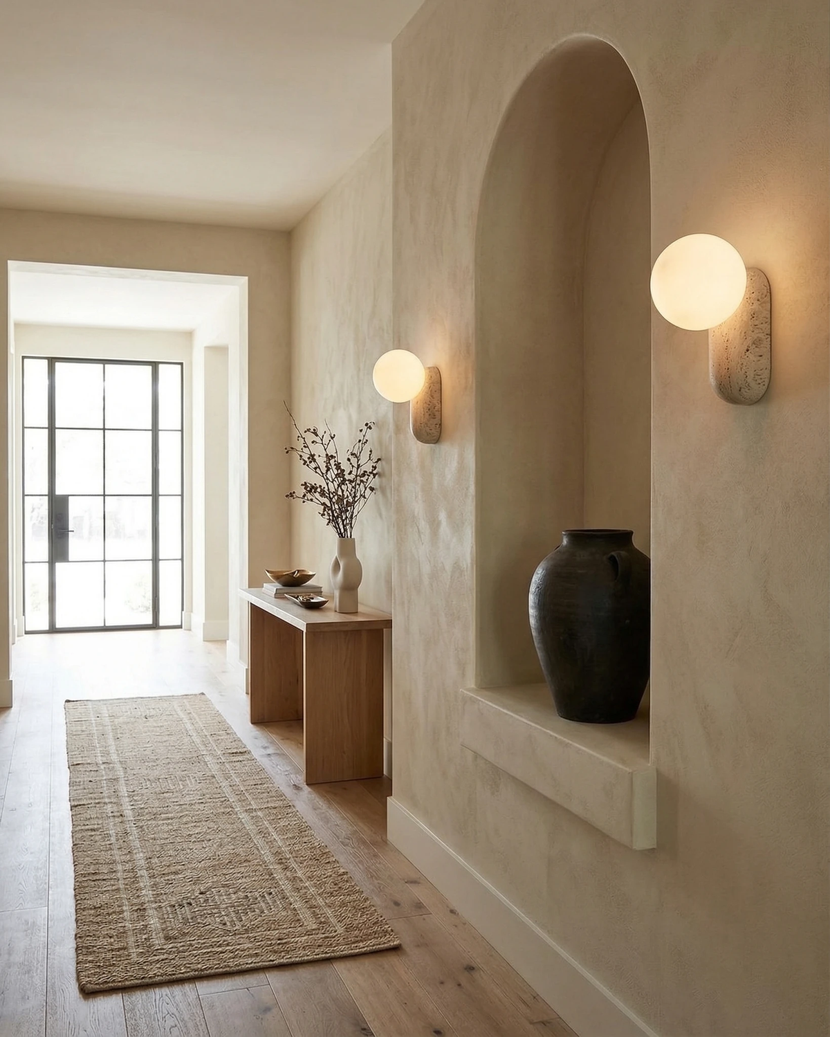 Travertine wall sconces PERLA No.01 lit in a plaster hallway with an arched niche, console and jute runner