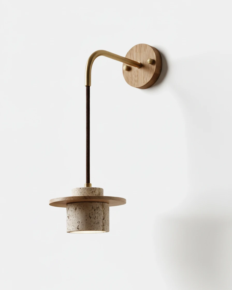 Travertine wall sconce TIVOLI No.01 in Light Oak, brass arm with oak backplate and disc over a travertine cylinder shade