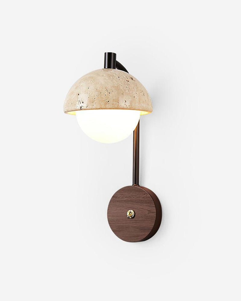 Travertine wall sconce AVORIO No.03, yellow travertine dome over a frosted globe on a black arm and walnut backplate, lit