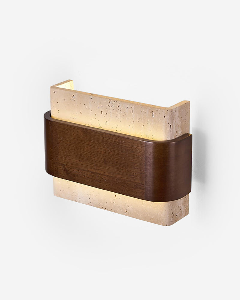 Travertine wall sconce MASSO No.01 in Cream Travertine, block with a walnut band casting light up and down