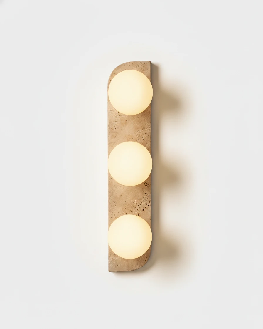 Travertine wall sconce PRATO No.03 triple globe, three opal globes lit in a vertical travertine bar