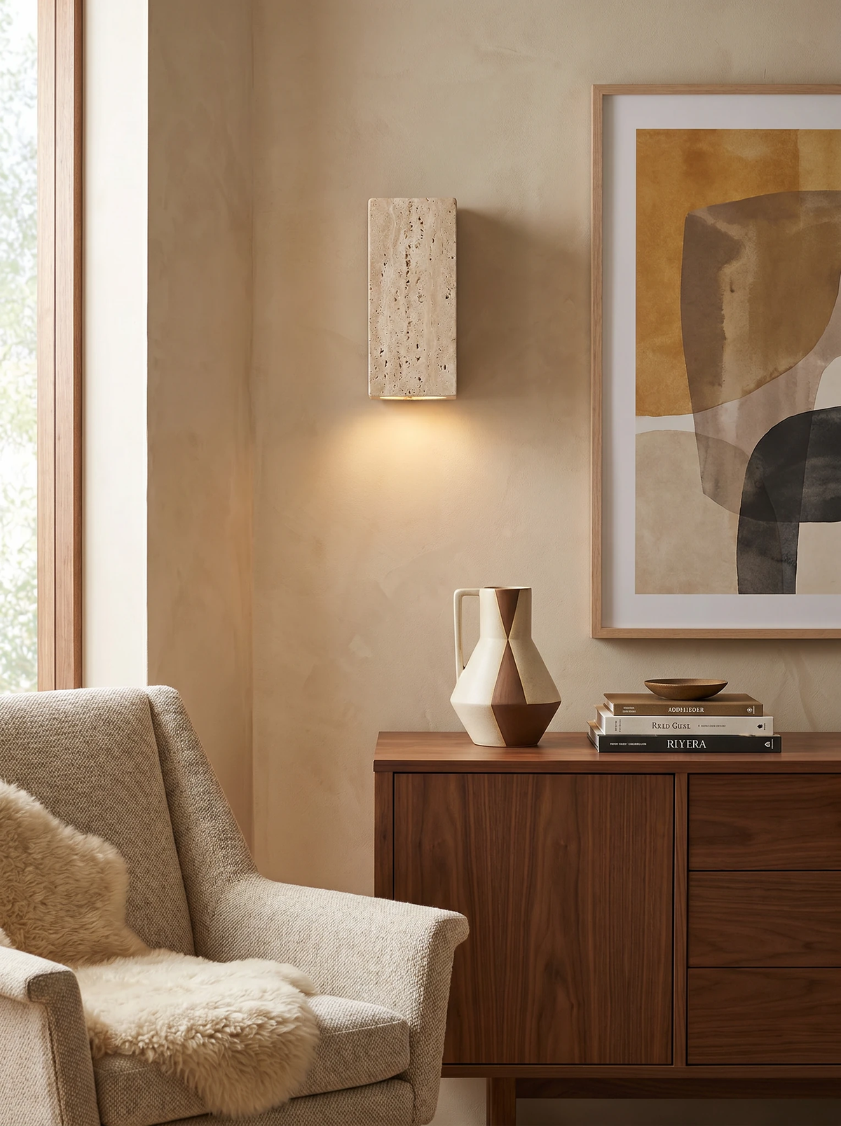 Travertine wall sconce GRANO No.01 lit on a wall beside an armchair, walnut sideboard and framed art