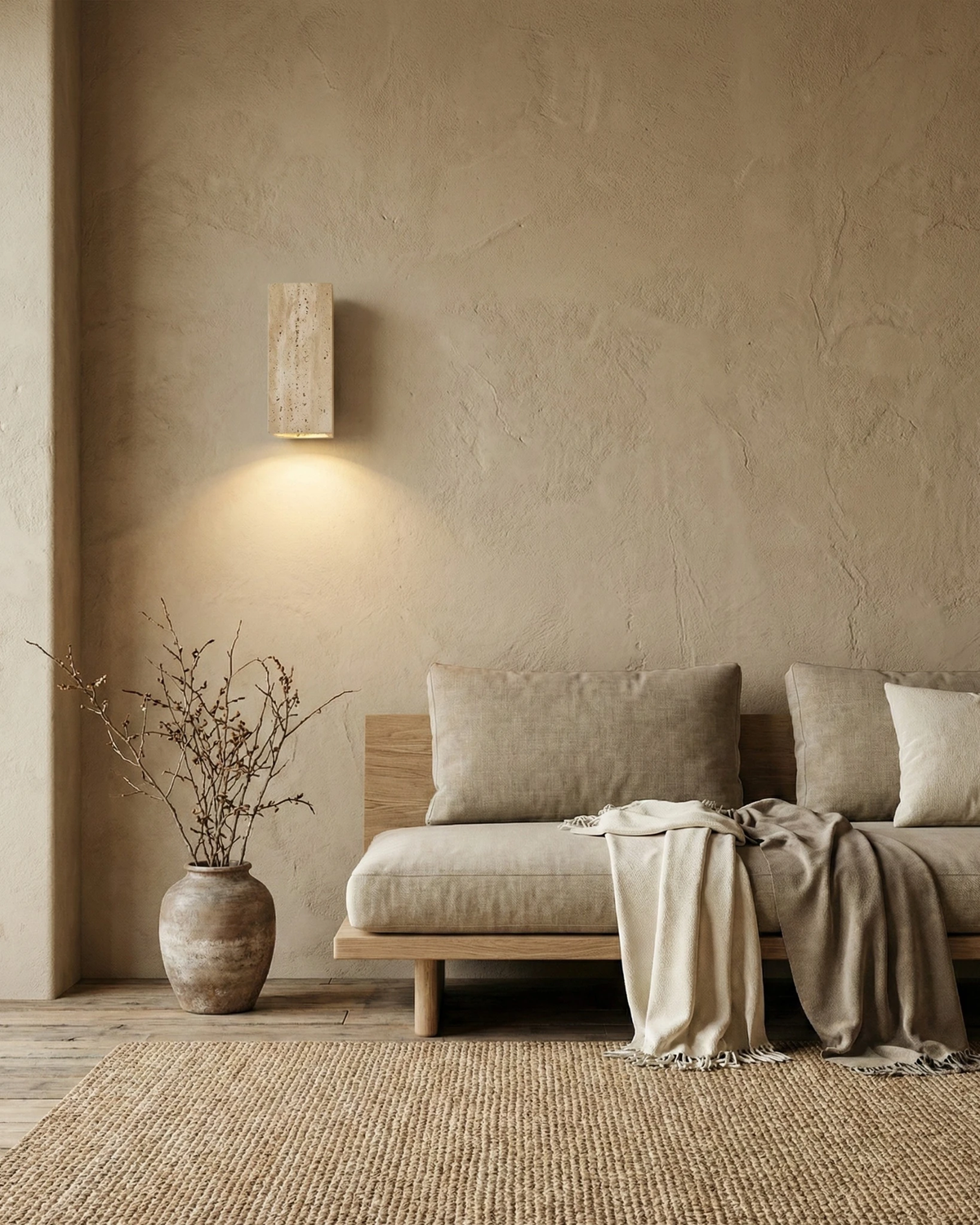 Travertine wall sconce GRANO No.01 lit above a low sofa with cushions, throw and a large vase