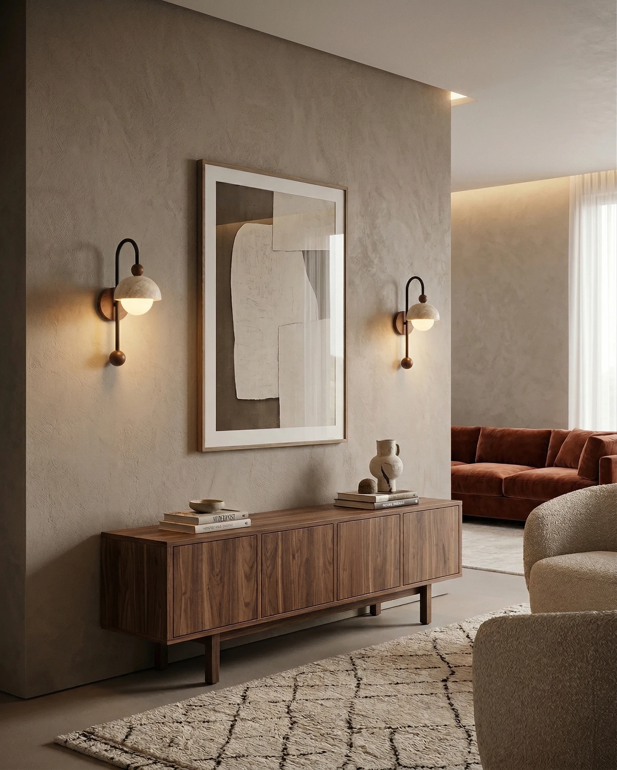 Travertine wall sconce IBLA No.01, pair lit flanking a framed print above a walnut sideboard in a living room