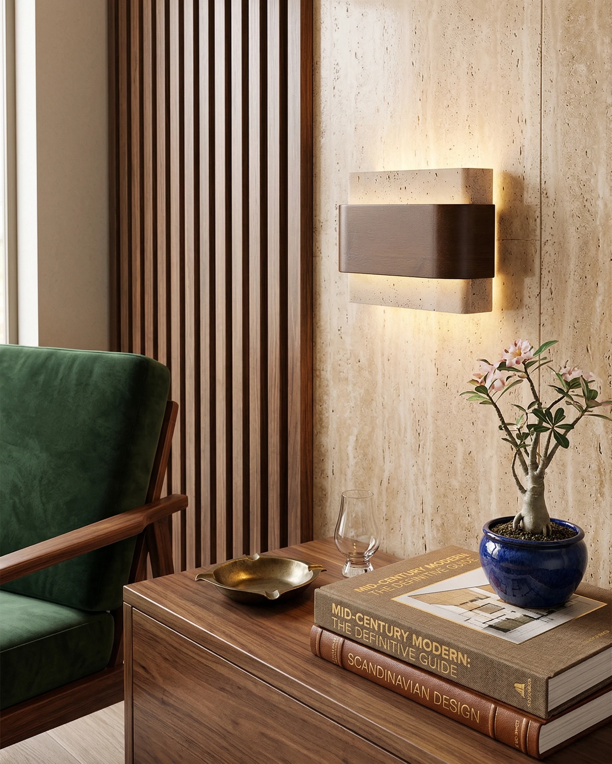 Travertine wall sconce MASSO No.01 lit on a wood slat wall above a walnut side table next to a green velvet chair