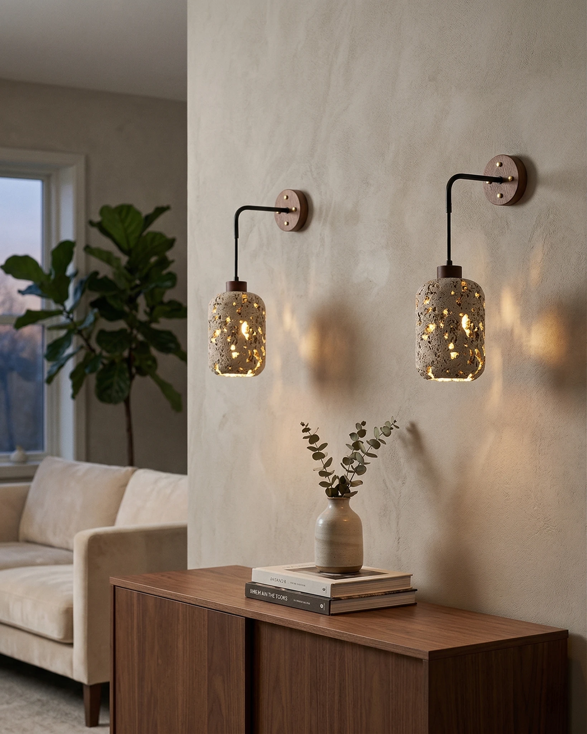 Two travertine wall sconces OLTRE No.01 switched on above a walnut sideboard next to a cream sofa