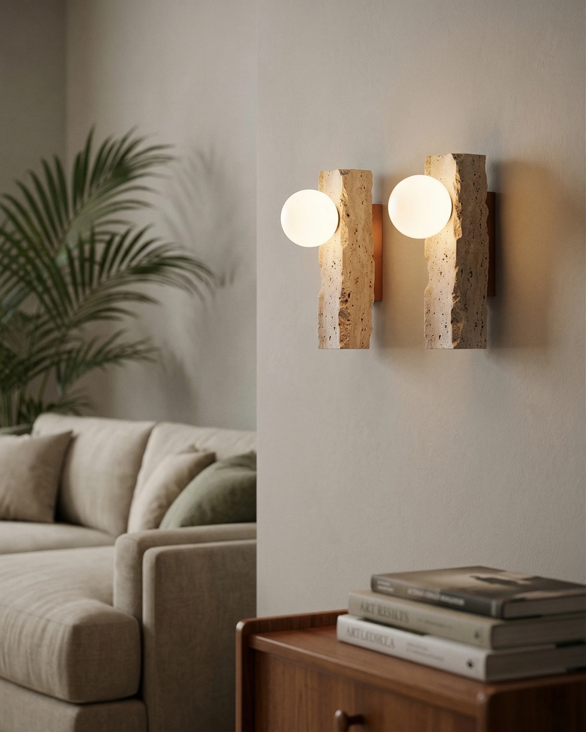 Pair of travertine wall sconces KANSO No.03 lit side by side above a beige sofa and a stack of books by a palm