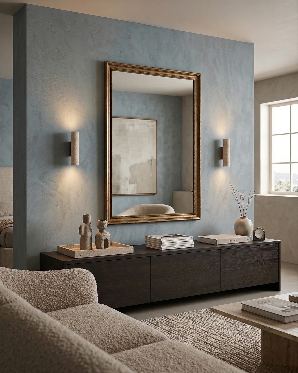 Two travertine wall sconces STELO No.02 lit either side of a mirror above a dark sideboard in a blue living room