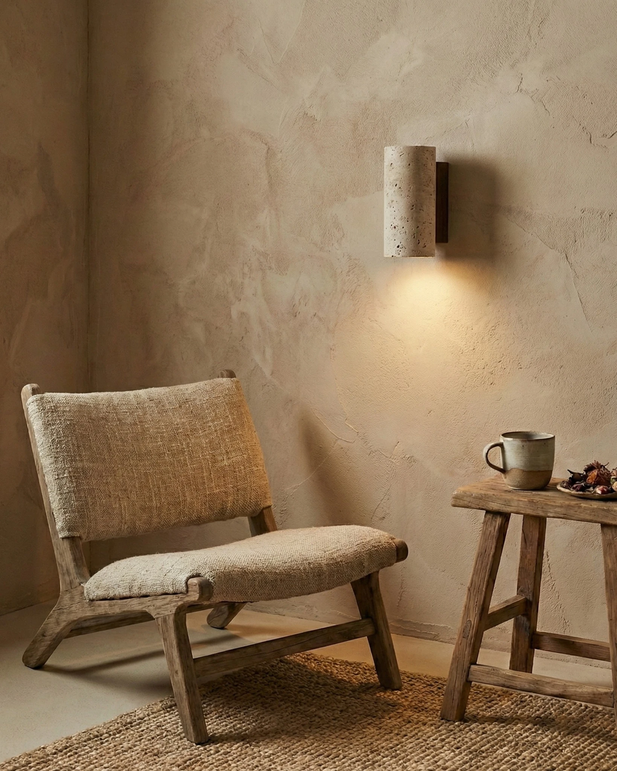 Travertine wall sconce GRANO No.02 glowing above a wooden lounge chair and stool in a plaster-walled room
