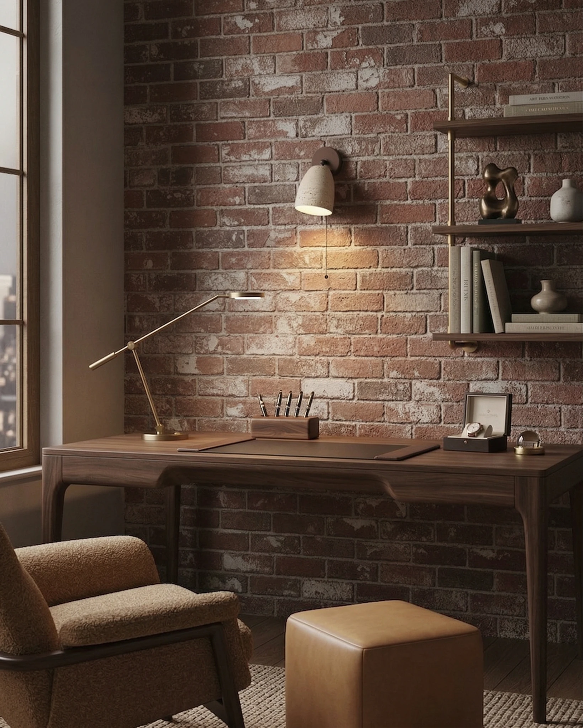 Travertine wall sconce PERA No.01 lit on a brick wall above a wooden desk and chair in a home office