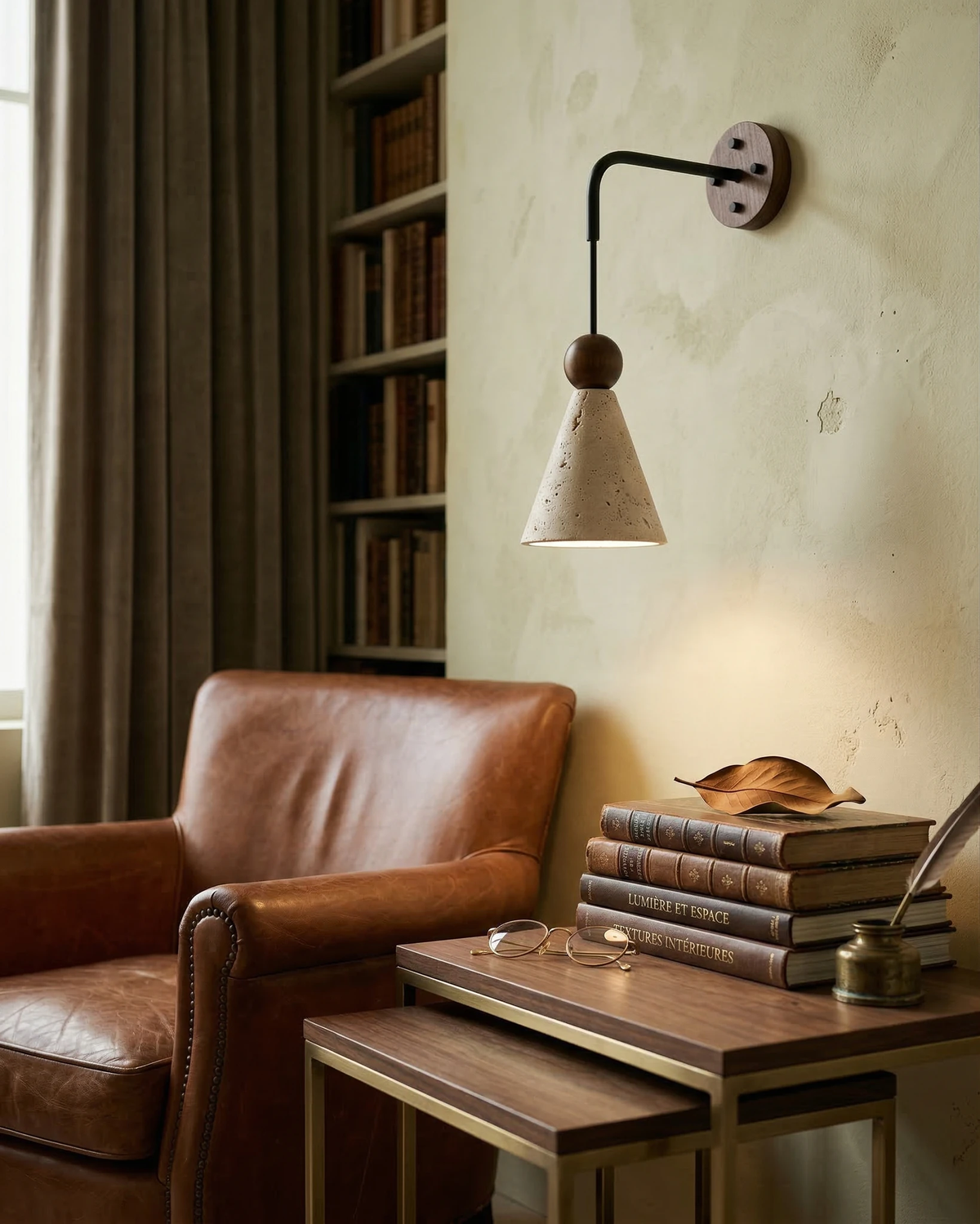 Travertine wall sconce CORTO No.01 lit beside a tan leather armchair and nesting tables stacked with books