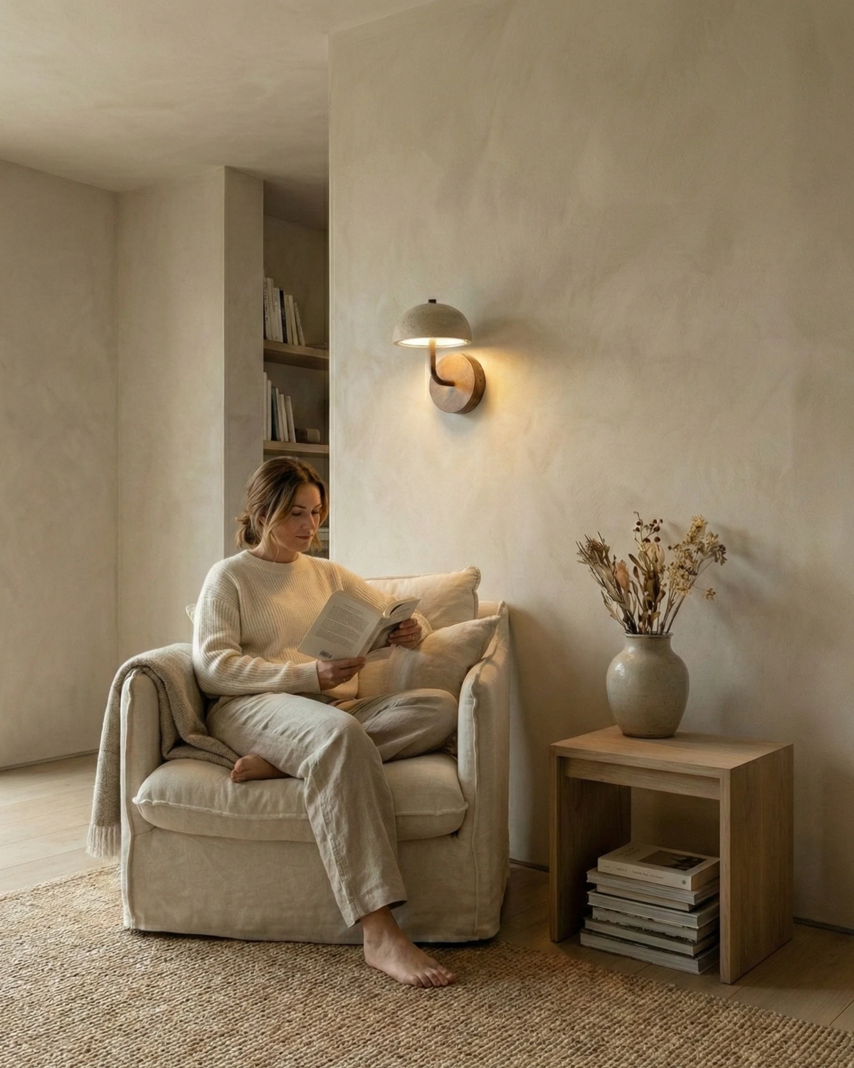 Travertine wall sconce SIENA No.01 lit above a boucle armchair where a woman sits reading