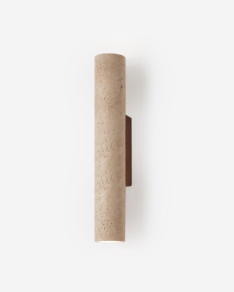 Travertine wall sconce STELO No.02, vertical travertine column on a walnut wall bracket, unlit packshot