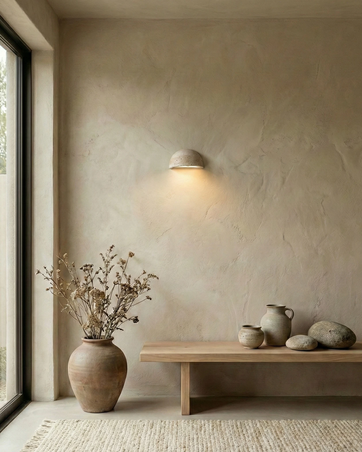 Travertine wall sconce BERGAMO No.01, half-moon downlight lit on a plaster wall above a wooden bench with vases