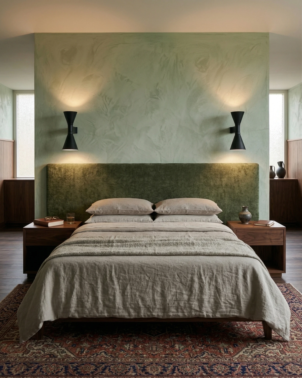 Up down wall sconce ECLISSI No.01, two black units lit either side of a green velvet bed on a mottled green wall