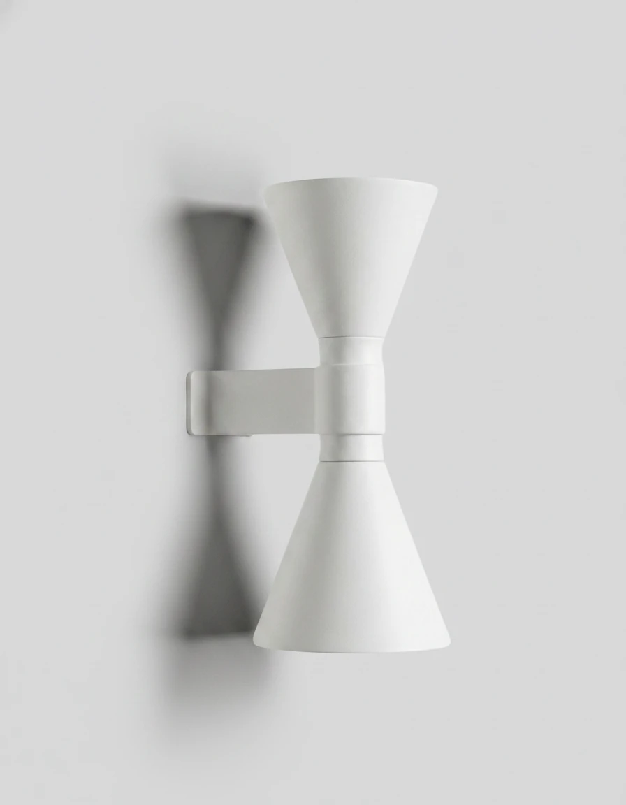 Up down wall sconce ECLISSI No.01 in Warm White, white aluminum hourglass cones with a wall bracket, unlit
