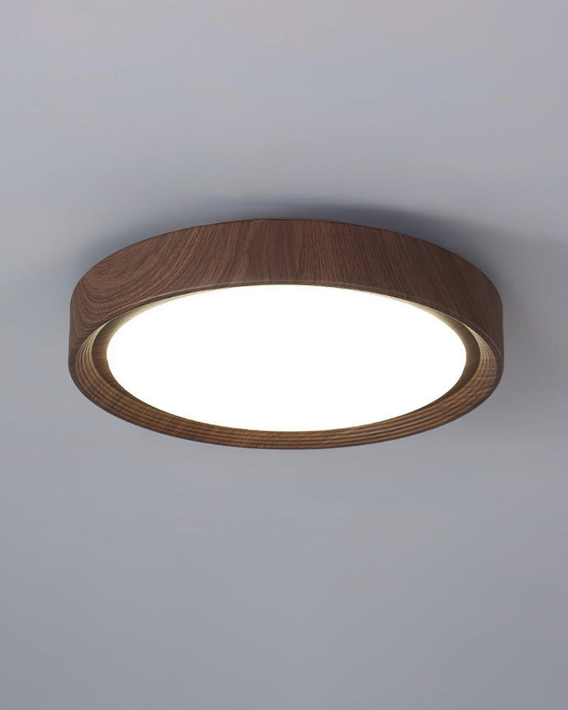 Walnut-grain flush mount ceiling light COMO No.01, 12 in straight-sided drum lit bright white