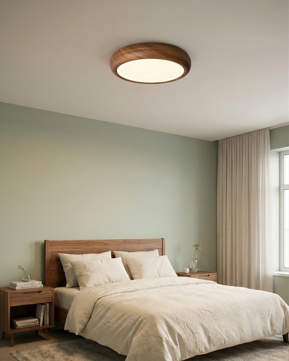 Wood flush mount ceiling light COMO No.01 switched on above a bed in a sage green bedroom