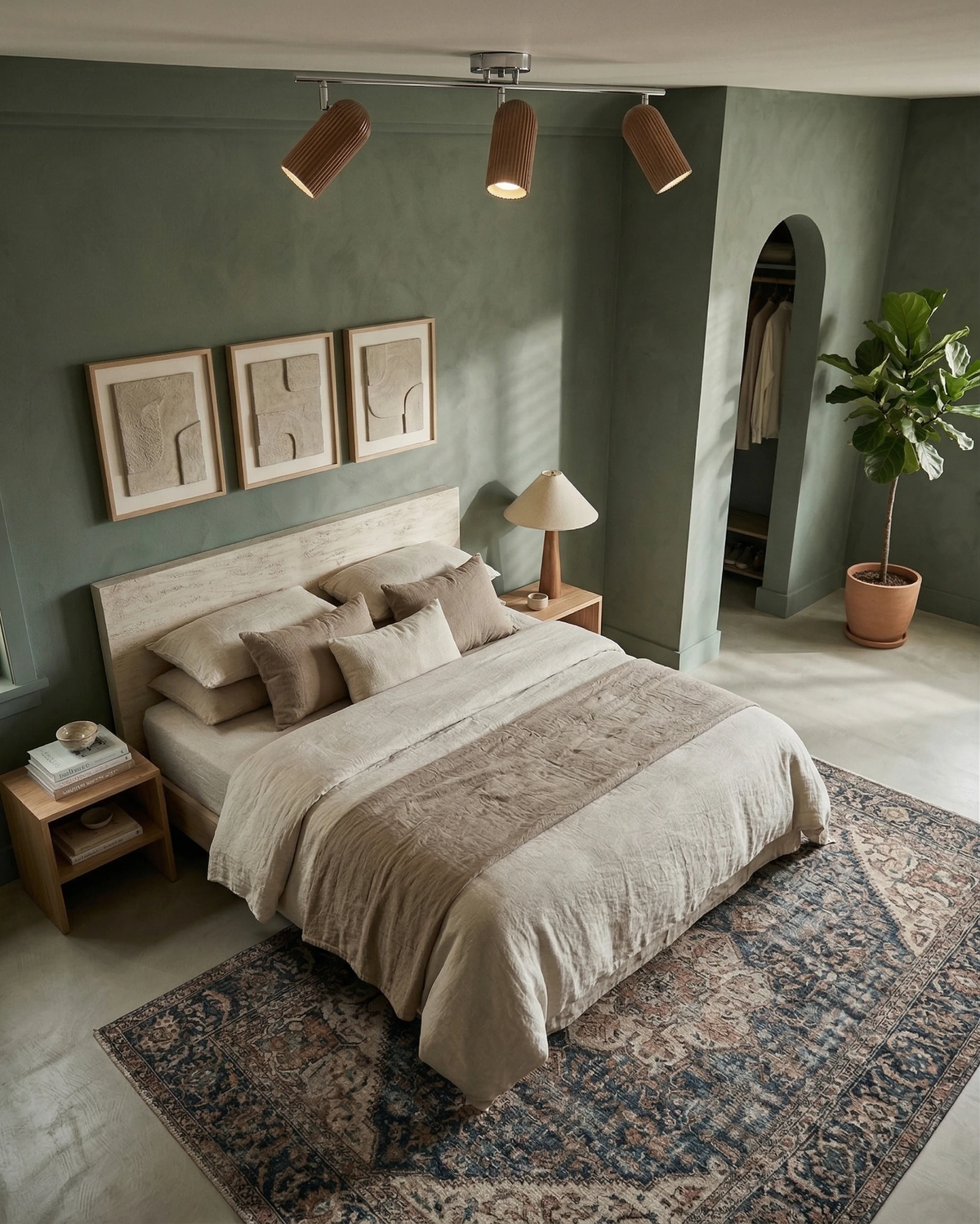 Wood flush mount ceiling light RIGA No.06 triple spot mounted over a bed in a sage green bedroom
