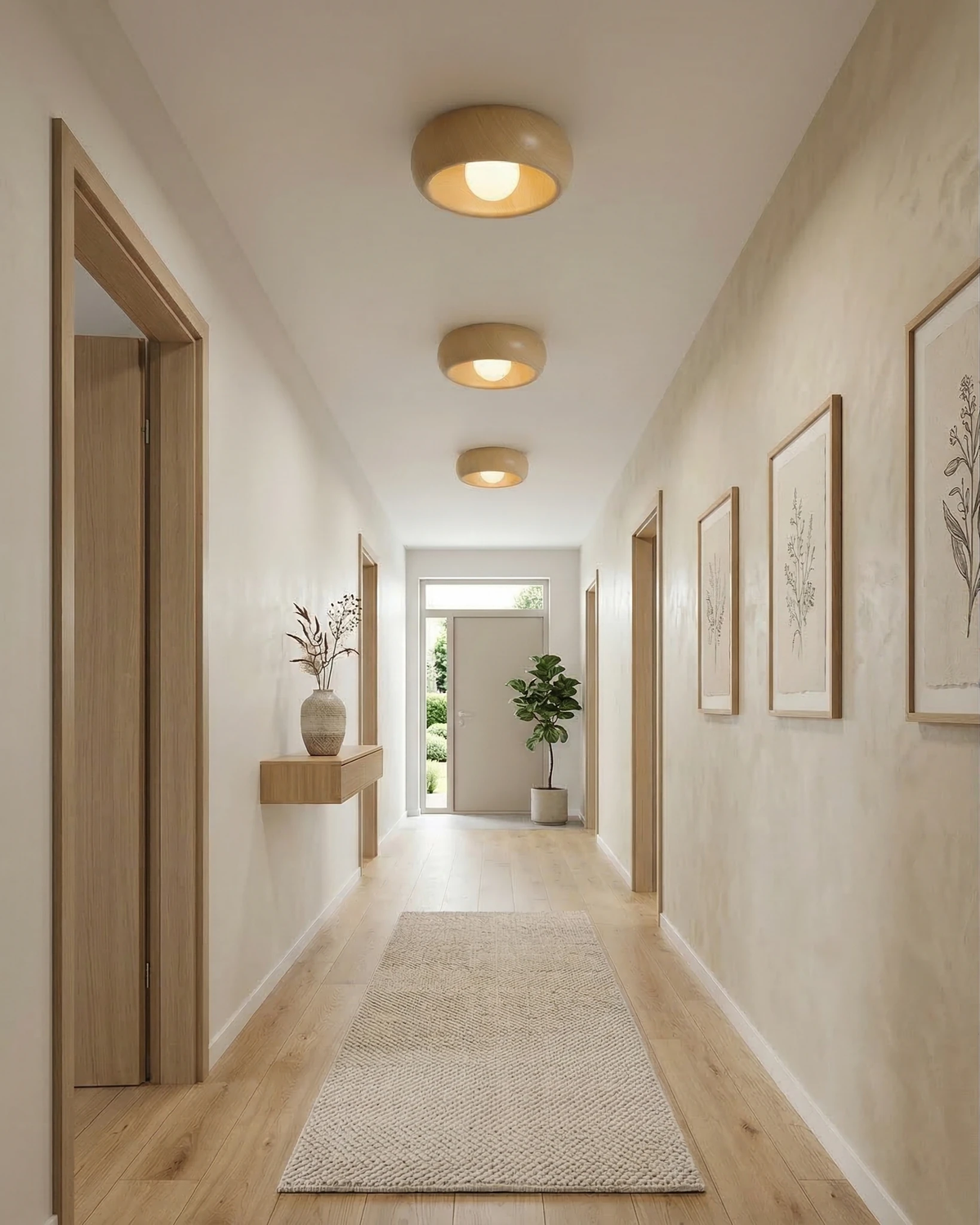 Wood flush mount ceiling light OMBRA No.01, three lit units along a bright hallway ceiling with a runner rug