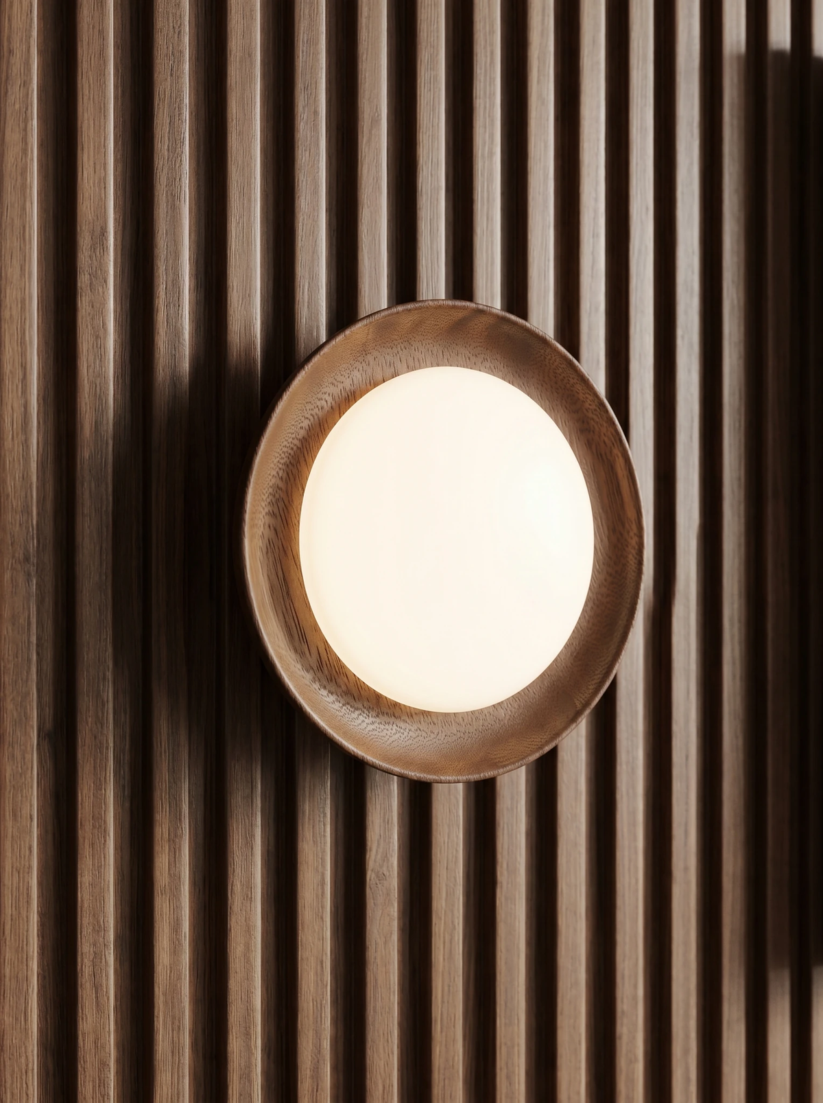 Wood flush mount ceiling light LIDO No.01 lit on a fluted walnut wall, wood ring around frosted glass