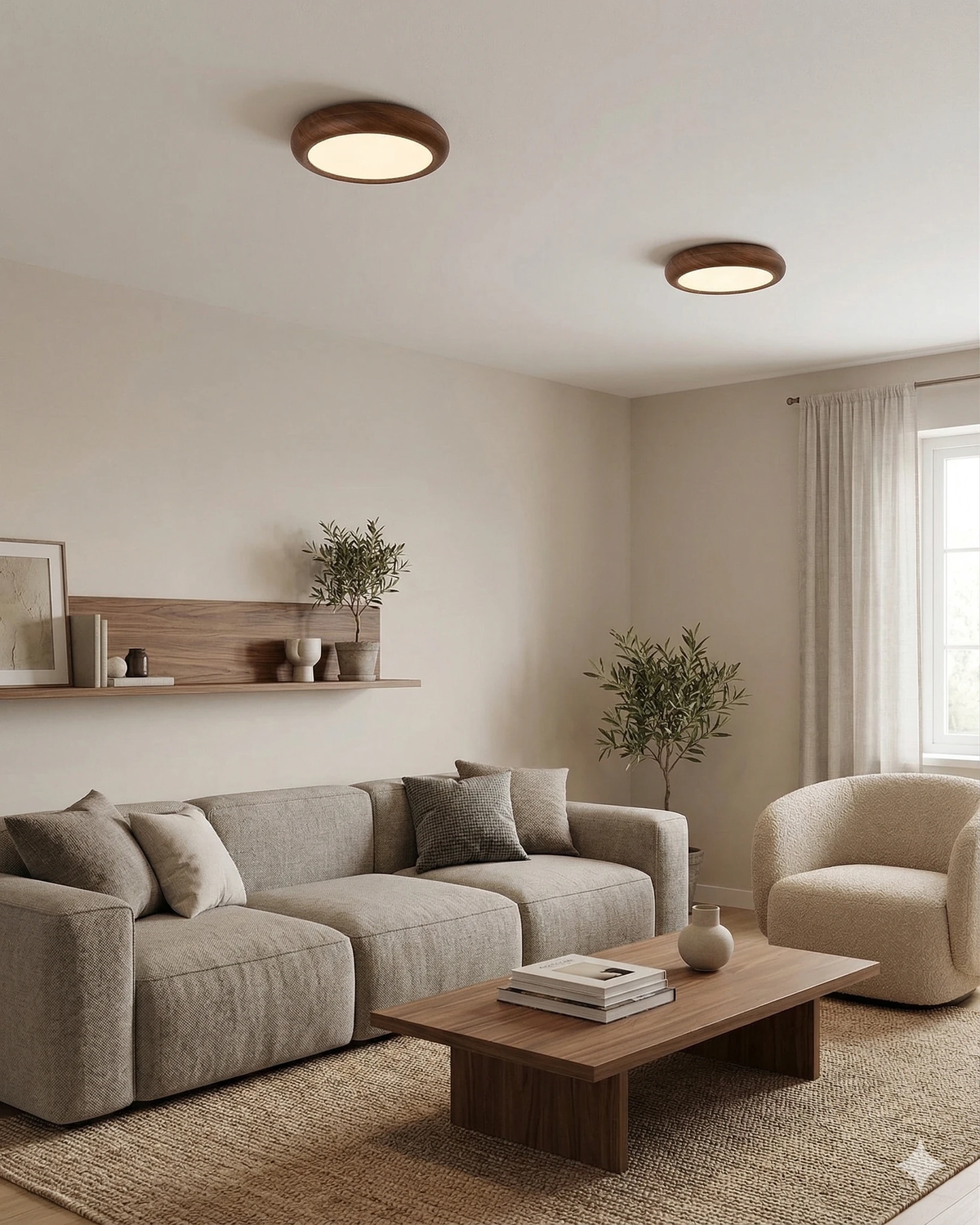 Wood flush mount ceiling light COMO No.01, two units lit on a living room ceiling above a gray sofa