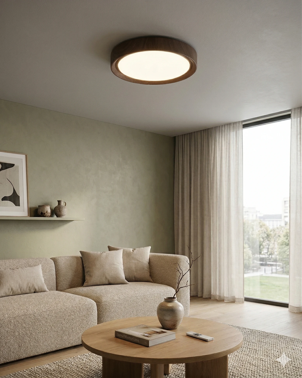 Wood flush mount ceiling light COMO No.01, single unit on the ceiling of a bright living room with a sofa