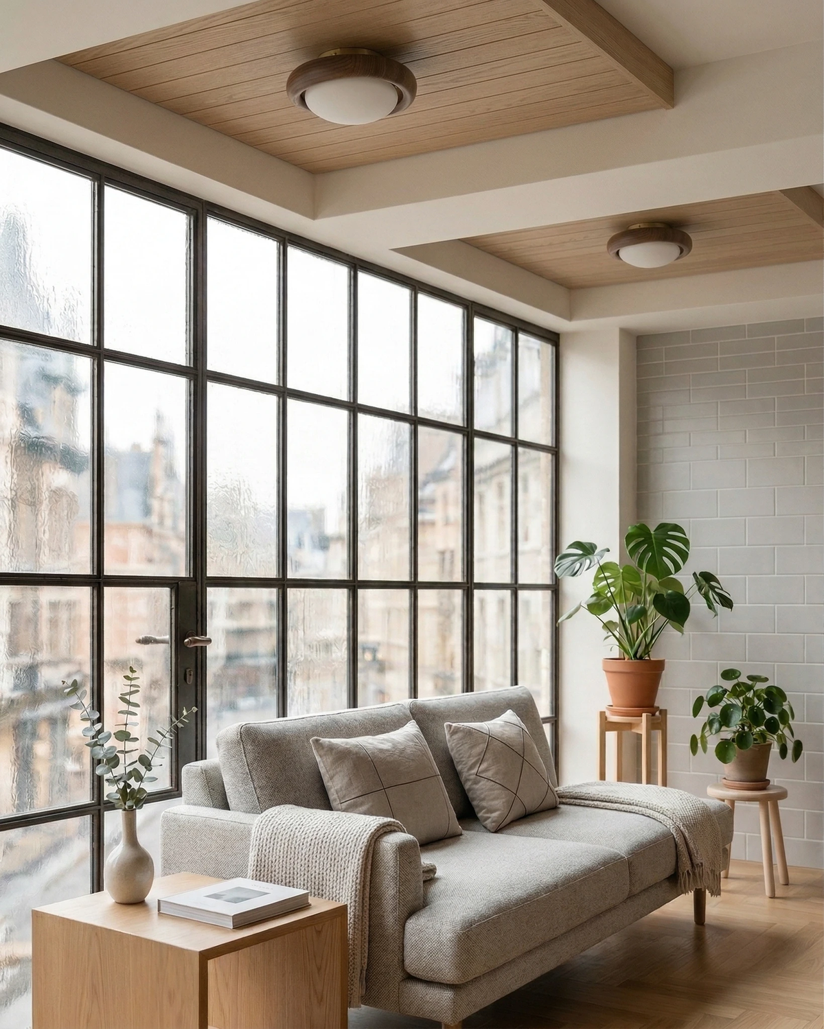 Two wood flush mount ceiling lights MURA No.01 on oak ceiling panels above a gray sofa by a steel-framed window
