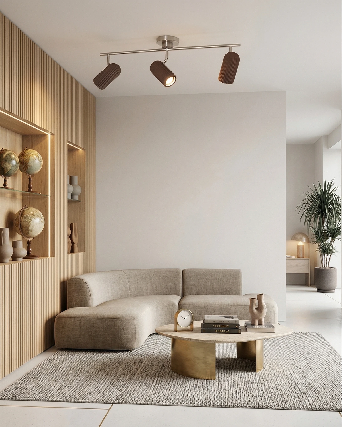 Wood flush mount ceiling light RIGA No.06 triple spot bar lit above a sofa and shelves in a living room