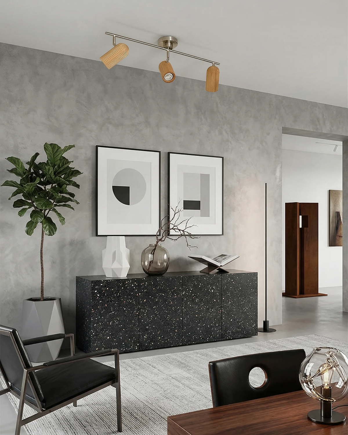 Wood flush mount ceiling light RIGA No.06 triple spot on the ceiling of a living room with a dark sideboard and art