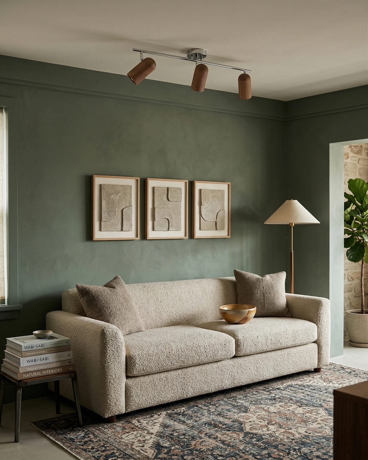 Wood flush mount ceiling light RIGA No.06 with three spots above a beige sofa in a green-walled living room