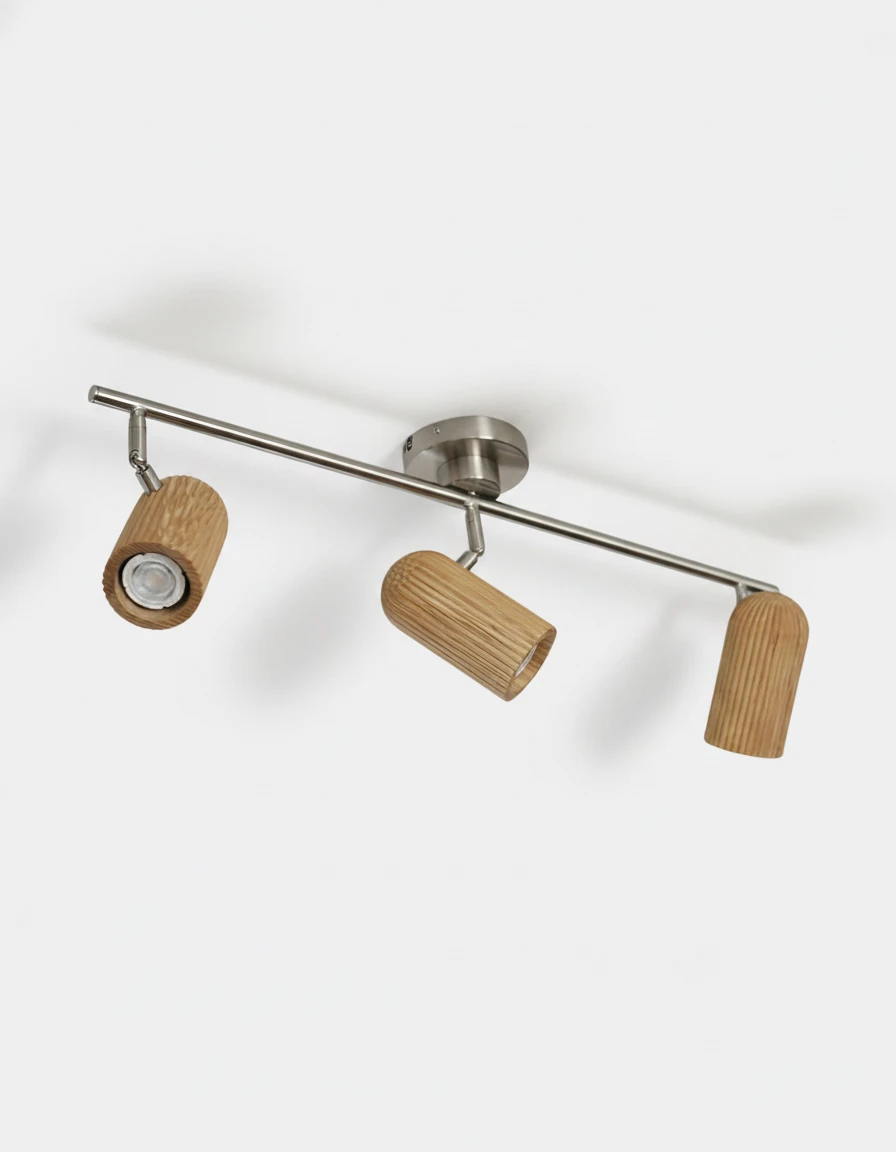 Wood flush mount ceiling light RIGA No.06 in natural wood, three fluted spotlights on a metal bar