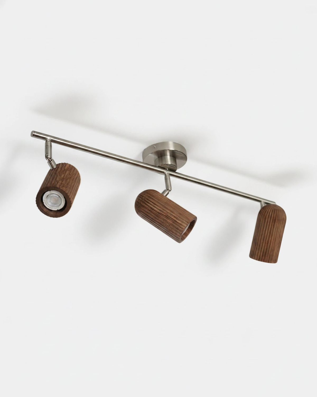Wood flush mount ceiling light RIGA No.06 in walnut, three fluted spots on a brushed nickel bar, unlit