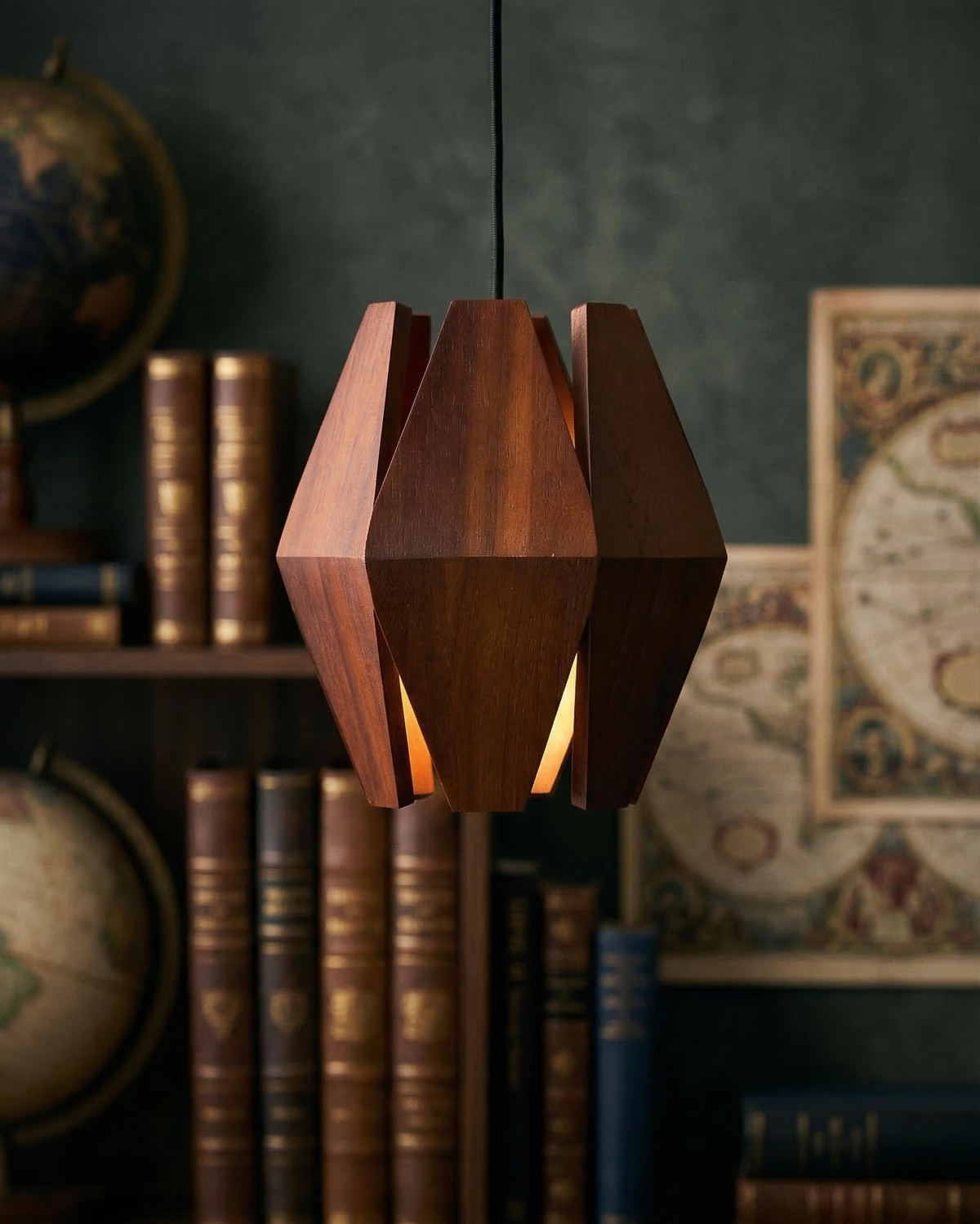 Wood pendant light ORBIT No.01 lit in front of shelves of antique leather books and an old globe