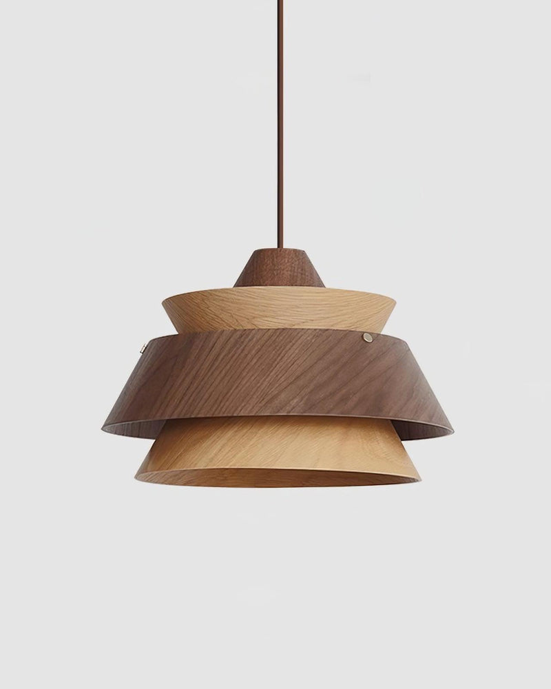 Wood pendant light BOSCO No.01 in Dark Walnut-Dominant, layered walnut tiers with an oak ring on a cord