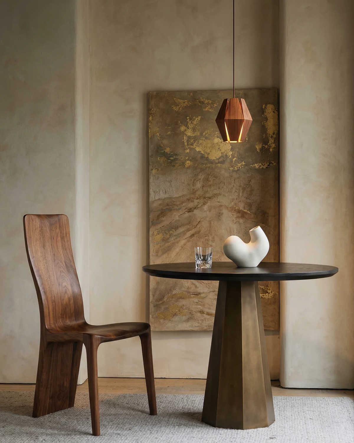 Wood pendant light ORBIT No.01 above a round black pedestal table and a sculpted walnut chair against plaster walls