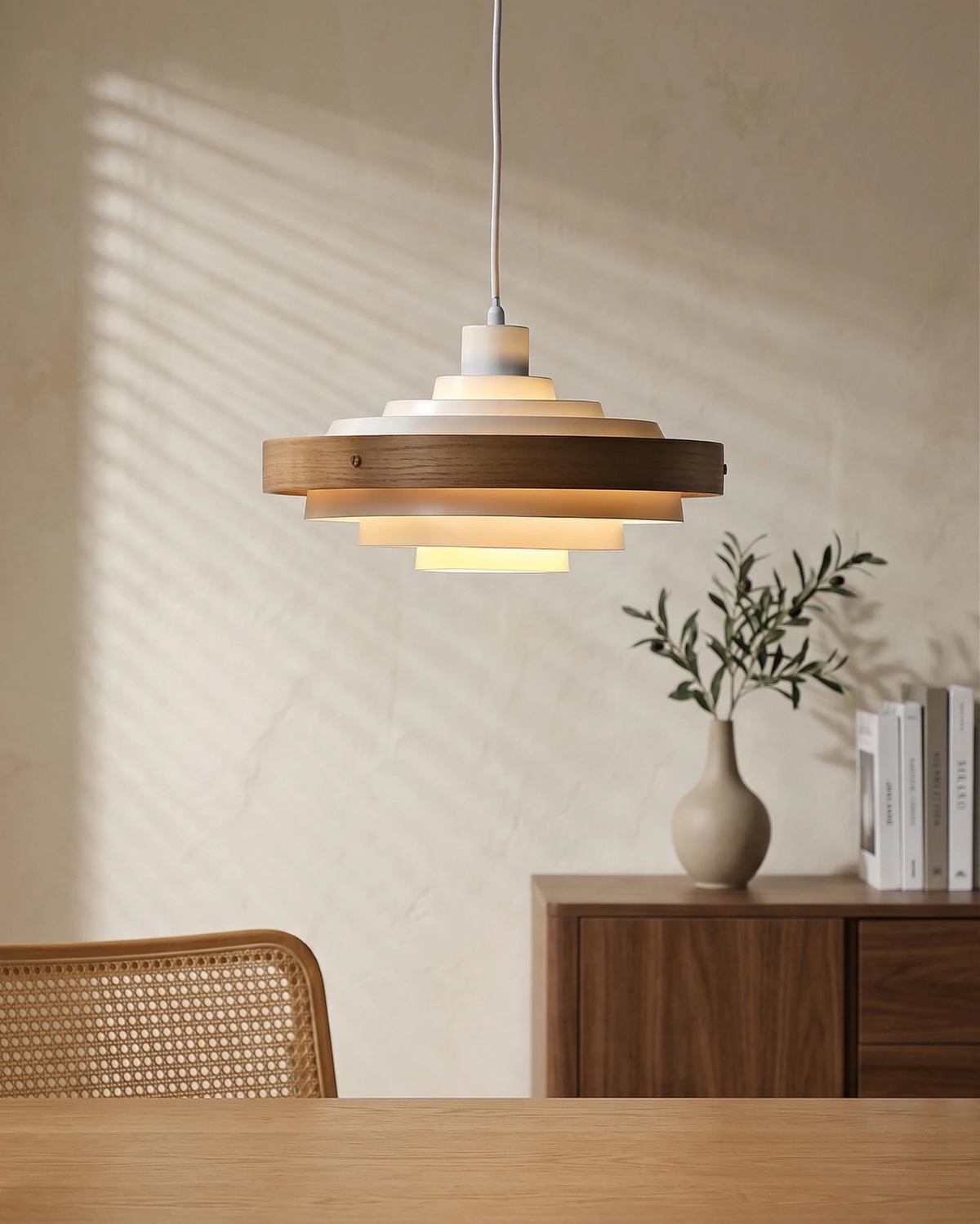 Wood pendant light STECCA No.01 in white with a dark walnut ring, lit above a dining table with a cane chair