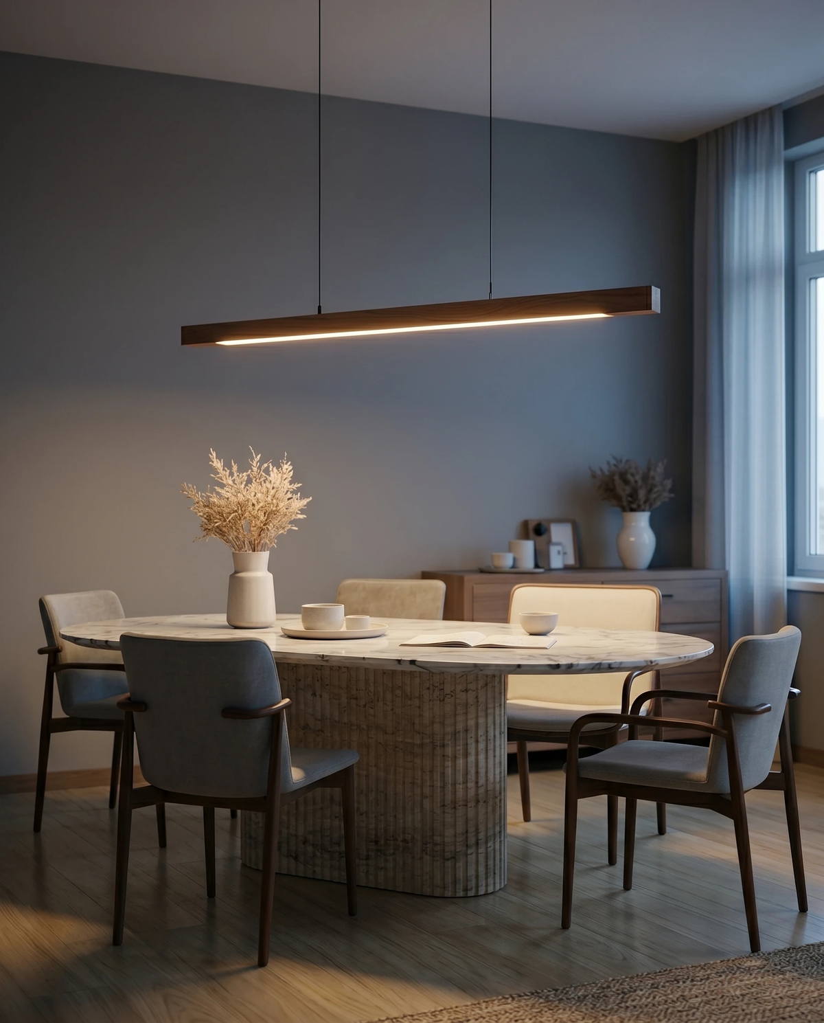 Wood pendant light VIRGA No.01 in walnut, linear bar switched on over a round marble dining table with gray chairs