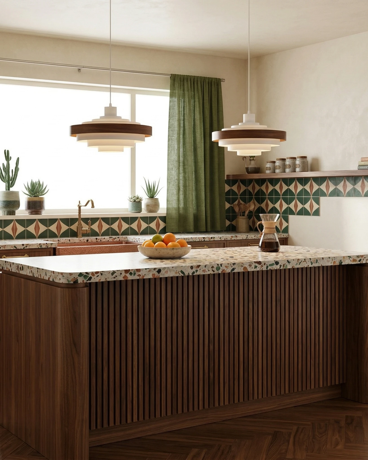 Wood pendant light STECCA No.01, two white saucer pendants with walnut rings lit above a walnut kitchen island